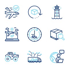 Wall Mural - Transportation icons set. Included icon as Truck delivery, Return package, Tractor signs. Airplane travel, Lighthouse, Search package symbols. 48 hours, Confirmed flight line icons. Vector