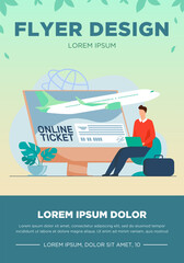 Aufkleber - Tiny man buying ticket online via laptop. Monitor, plane, baggage flat vector illustration. Travelling and digital technology concept for banner, website design or landing web page