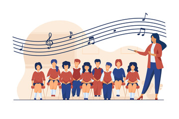Wall Mural - Music lesson at school. Conductor with baton standing choir of singing kids flat vector illustration. Choir, activity, hobby concept for banner, website design or landing web page
