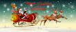 Christmas card with Santa Claus flying in a sleigh with reindeer.Merry Christmas vector illustration.