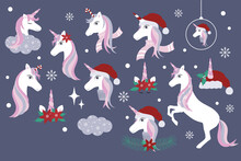 Christmas Unicorns Set Vector Illustration, Unicorns Wearing Santa's Hat With Christmas Decor, Flowers, Snowflakes, Candy Cane, Unicorn Head