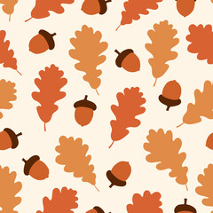 Wall Mural - Seamless pattern with oak leaves and acorns. Autumn texture for print, textile, packaging, postcard. Hand drawn vector illustration.