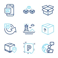Poster - transportation icons set. included icon as open box, lighthouse, parking signs. parcel tracking, fli