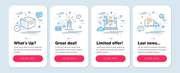 Poster - set of transportation icons, such as office box, lighthouse, airplane travel symbols. mobile app moc