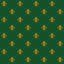 Gold And Green Fleur De Lis Luxury Pattern. Royal Ornamental Seamless Background.