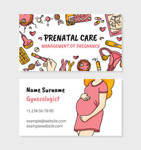 Management Of Pregnancy And Prenatal Care Clinic Visit Card In Doodle Style, Vector Template For The Gynecologist