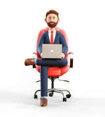 3D illustration of happy smiling businessman in suit with laptop sitting in armchair and looking at camera. Cartoon bearded man working in office and using computer, isolated on white background.