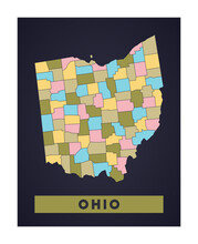 Ohio Map. Us State Poster With Regions. Shape Of Ohio With Us State Name. Elegant Vector Illustration.