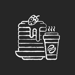 Sticker - Breakfast meals chalk white icon on black background. Prepared food. Pancakes and coffee. Well-balanced morning dishes. Brunch recipes. Caffeine beverages. Isolated vector chalkboard illustration