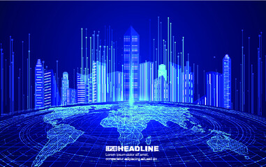 Poster - World map, line and architecture, the background of Internet finance technology in future city.