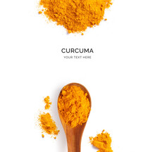 Creative Layout Made Of Turmeric Powder And Wood Spoon On A White Background. Top View.  