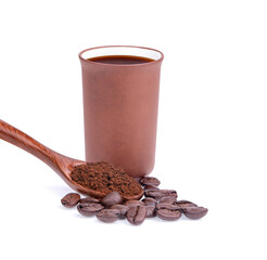 Coffee beans with ground coffee isolated on white background