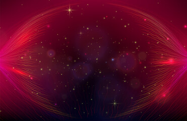 Wall Mural - red award vector background with wave lines on the sides and golden glitter particles. magic night s