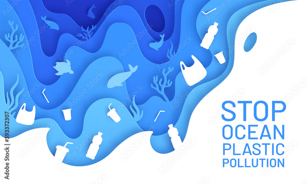 Ocean pollution paper art. Poster plastic waste, bottle and bag in sea with fish and turtle. Paper cut save environment vector concept. Illustration problem sea garbage, underwater wildlife with junk