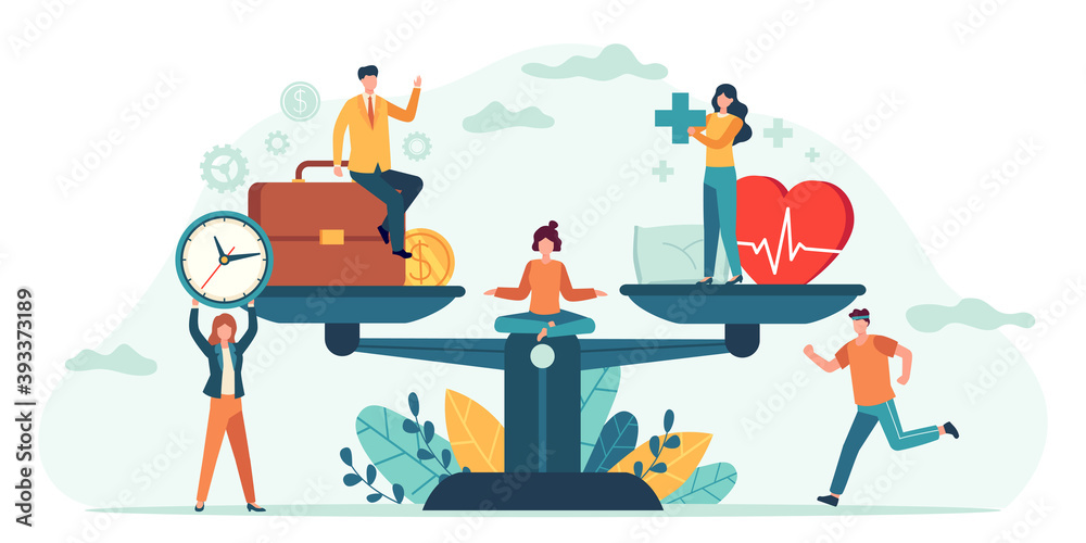 Health and work on scales. People balance job, money and sleep. Comparison business stress and healthy life. Tiny employees vector concept. Measurement equality health and work illustration - obrazy, fototapety, plakaty 