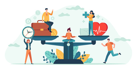 Health and work on scales. People balance job, money and sleep. Comparison business stress and healthy life. Tiny employees vector concept. Measurement equality health and work illustration