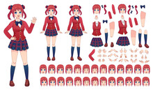 Anime Girls Character Kit. Cartoon School Girl Uniform In Japanese Style. Kawaii Manga Student Poses, Faces, Emotions And Hands Vector Set. Illustration Japanese Character Girl Smile, Kit Set Anime