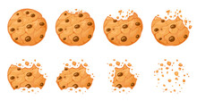 Bitten Chocolate Chip Cookie. Crunch Homemade Brown Biscuits Broken With Crumbs. Cartoon Baked Round Choco Cookies Bite Animation Vector Set. Illustration Animation Disappear Choco Crumb Piece Bakery
