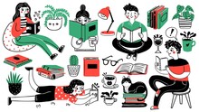 Books And Readers. Happy People Read And Study. Book Piles, Houseplants, Cat, Tea And Coffee Cup. Hand Drawn Cartoon Hobby Decorative Set. Young Person Read Book With Tea And Cat Illustration