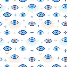 Evil Eye Seamless Pattern. Magic Talisman And Occult Symbol. Greek Ethnic Blue, White And Golden Third Eyes. Flat Vector Abstract Wallpaper. Talisman Eye Amulet Seamless Wallpaper Illustration