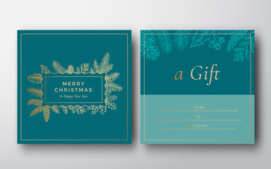 Canvas Print - New Year and Christmas Abstract Vector Greeting Gift Card Background. Back and Front Design Layout with Classy Typography. Sketch Frame with Pine Twigs, Strobile, Holly and Mistletoe. Isolated