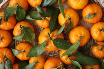 Sticker - Juicy tangerines with green leaves on a wooden table 