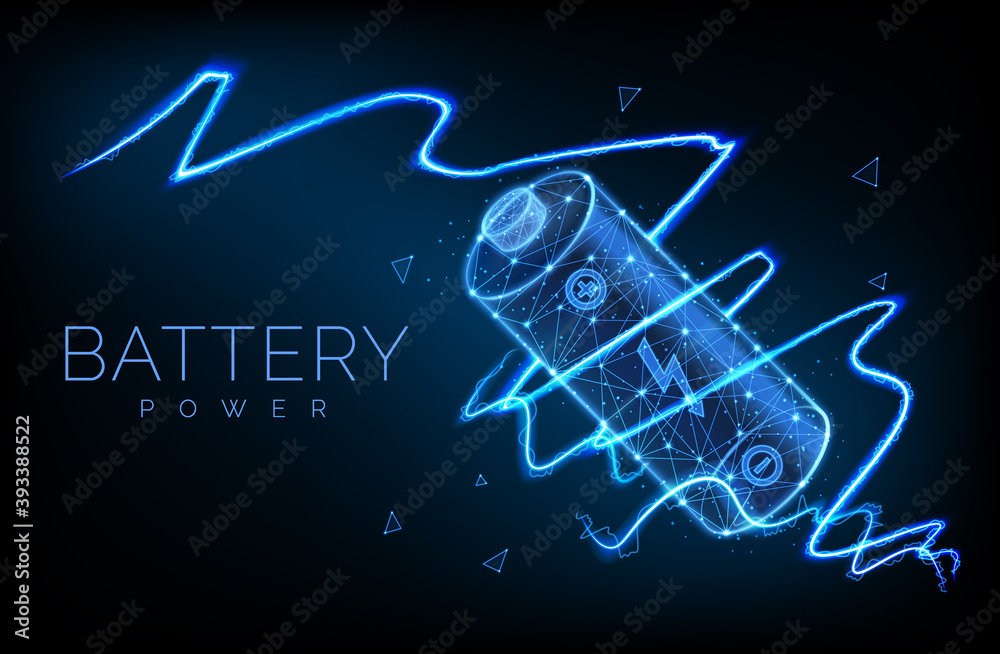 Abstract low poly battery charge from electric discharge or lightning, high voltage, long battery charge and energy, vector illustration - obrazy, fototapety, plakaty 