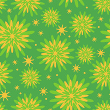 Seamless Vector Pattern With Pastel Yellow Flower Blooms On Green Background. Tie Dye Floral Decorative Wallpaper Design. Artistic Fashion Textile Texture.