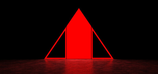 Glowing abstract red sign in the shape of a triangle in dark space. Glowing red pyramid. 3D Render
