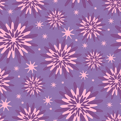 Wall Mural - Seamless vector pattern with purple abstract flowers on blue background. Christmas snowflake wallpaper design. Festive floral fashion textile.