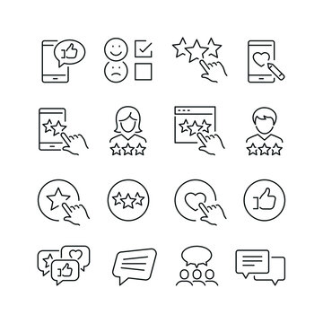 Testimonials related icons: thin vector icon set, black and white kit