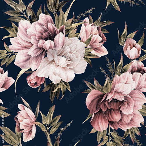 Plakat na zamówienie Seamless floral pattern with peony flowers on summer background, watercolor illustration. Template design for textiles, interior, clothes, wallpaper