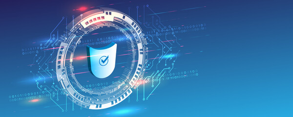 Poster - 3d Digital security and network protection. Cyber security for internet projects. Antivirus technology web services. Data protection web banner.