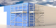 Scaffolding towers, wall painting works on blue cloudy sky background. 3d illustration