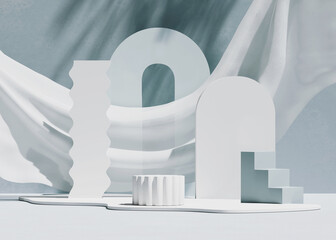3d podium display, pastel blue background. art deco steps and geometric shapes. nature palm shadow, 