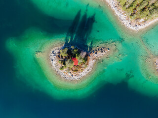 Autumn lake Eibsee view from top with Caribbean water colors