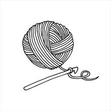 The Author Of The Illustration In The Style Of Doodle On The Topic Of Knitting, Crocheting. Ball Of Wool And Crochet Hook Isolated On White Background. Handicraft, Needlework.