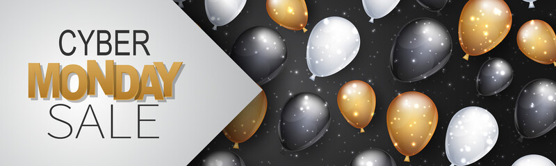 Wall Mural - Cyber Monday Sale banner or website header. Big discount of the year design concept with shiny helium baloons. Realistic vector illustration.