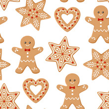 Gingerbread Men, Snowflakes, Stars And Hearts Seamless Pattern. Christmas Festive Background. Vector Illustration New Year In Cartoon Flat Style. Cookies For Holiday.