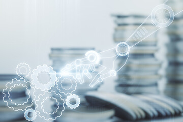 Aufkleber - Double exposure of abstract virtual robotics technology hologram on growing stacks of coins background. Research and development software concept