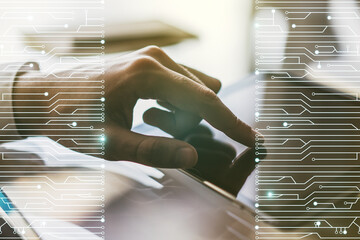 Aufkleber - Double exposure of circuit hologram and finger clicks on a digital tablet on background. Research and development hardware concept