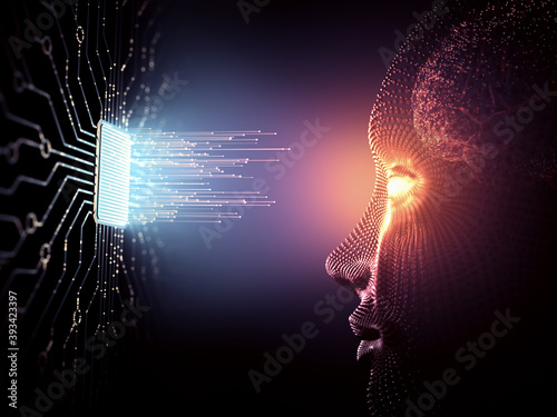 Artificial Intelligence concept. Data coming out of the microchip towards the human being with android characteristics.