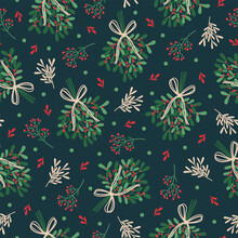 Winter Seamless Pattern With Mistletoe Bunches, Branches, Leaves, Berries. Christmas Illustration For Fabric, Wrapping Paper, Postcard Design. Vector Background.