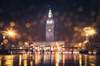 Winter Rain at San Francisco Ferry Building with Light Reflections