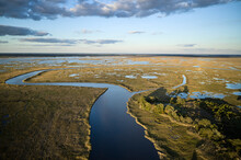 USA, Maryland, Drone View Of Marshes Along Blackwater River At Dusk