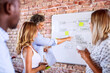 © HalfPoint/Westend61 - Business team working together on whiteboard at brick wall in office