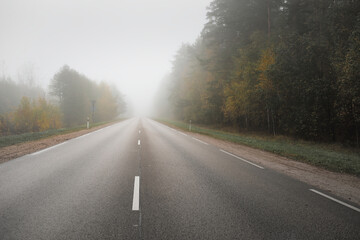 Wall Mural - Empty asphalt road (highway) in a thick fog. Concept urban autumn landscape. Transportation, dangerous driving, speed, freedom, travel, tourism, vacations, emptiness, loneliness, the way forward