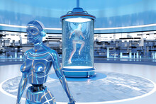 3D Rendered Illustration Of Woman Leaving Her Body Behind And Transferring Her Consciousness Into Gynoid In Regeneration Tank