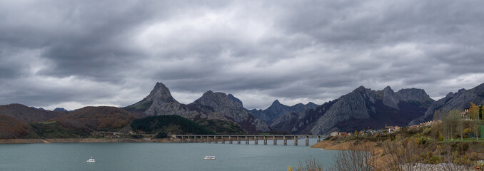 Sticker - panorama view of reservoir and mountain landscape in northern Spain in Riaño