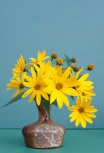 Studio Shot Of Vase With Yellow Blooming Jerusalem Artichoke (Helianthus Tuberosus) Flowers
